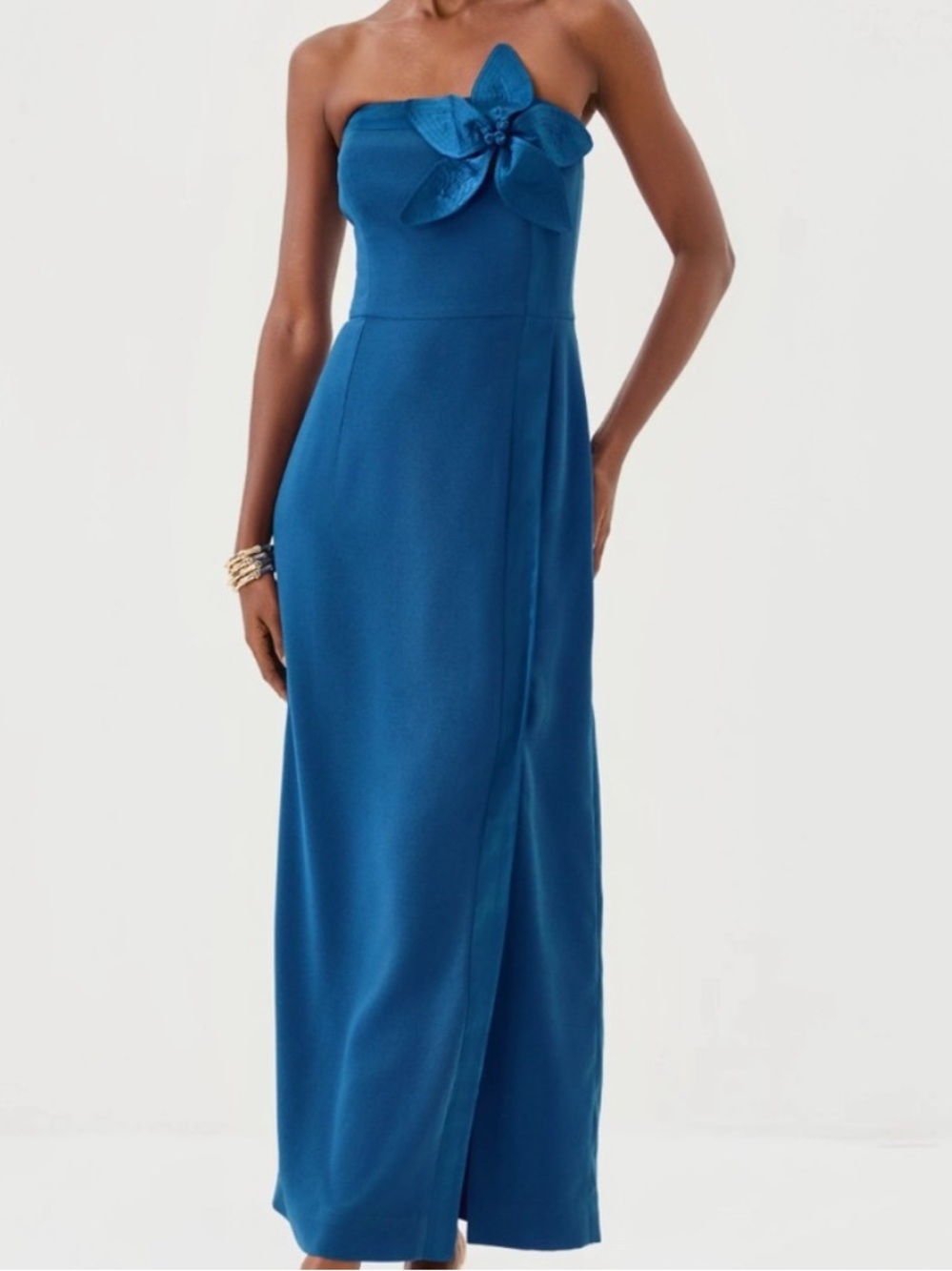 Lilly Pulitzer Strapless Blue Formal Maxi Dress with Floral Accent NWOT Size 10